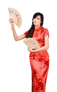 pretty women with Chinese traditional dress Cheongsam and hole Chinese Fan on white background