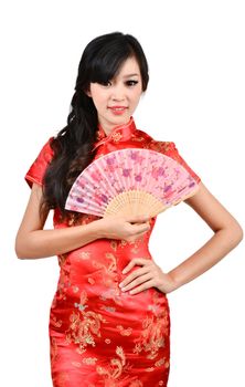 pretty women with Chinese traditional dress Cheongsam and hole Chinese Fan on white background