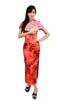 pretty women with Chinese traditional dress Cheongsam and hole Chinese Fan on white background