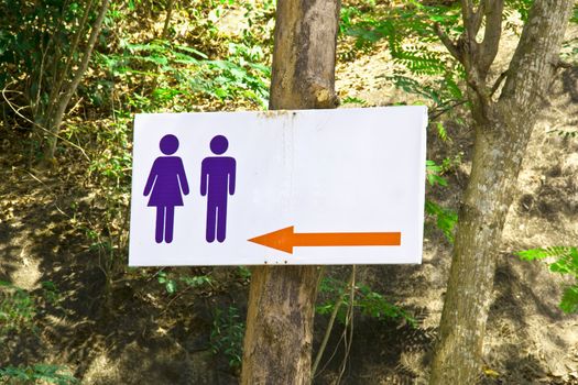 Signs to the bathroom on gardens background.