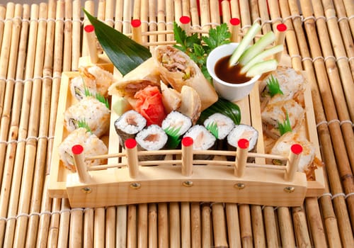 Assorted sushi Japanese food. traditional japanese food.Roll made of Smoked fish