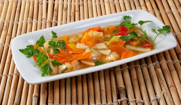 pork with vegetable and soya sauce.closeup