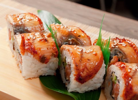 Japanese sushi maki . traditional japanese food.Roll made of Smoked eel