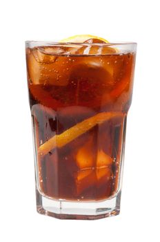 

Ice cube droped in cola glass
 isolated on white background.