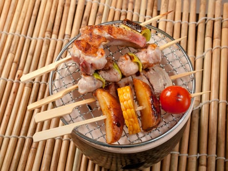 Japanese skewered  seafoods vegetables ,Yakitori  .closeup