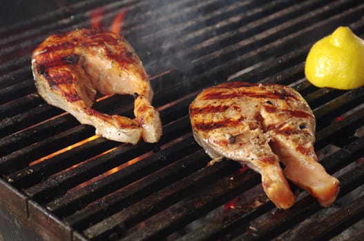 cooking   salmon steak barbecue 