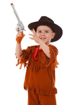 little boy wearing a cowboy hat a over white background