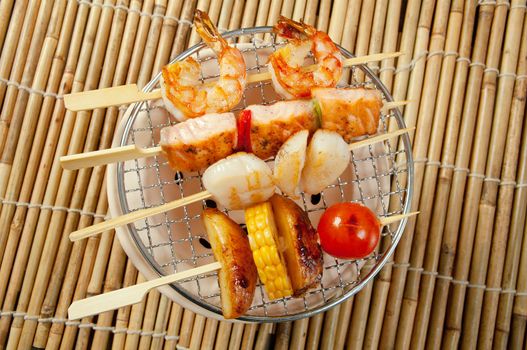 Japanese skewered  seafoods vegetables ,Yakitori  .closeup