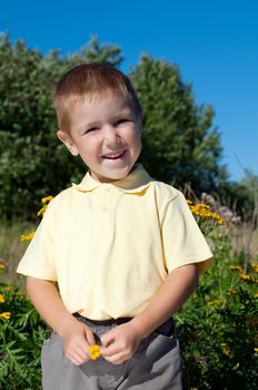 happy little boy  on meadow