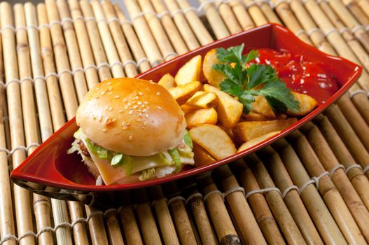 box of fast food.sandwich with salmon and cheese
