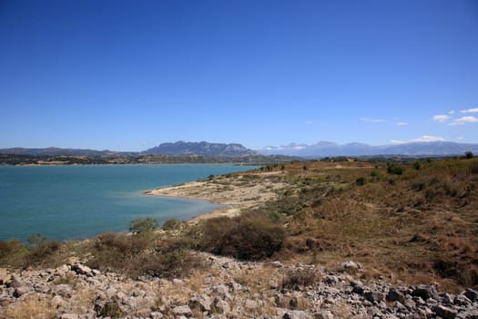 hydroelectric dam and artificial lake at peloponnisos greece