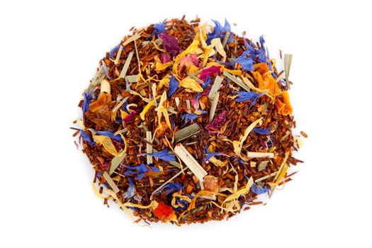 red tea with flower petals, on white background.
