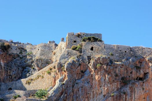 monemvasia ruins of a castle on the top of the rock