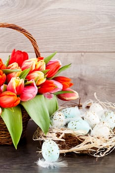 festive traditional easter egg decoration ribbon and tulips on wooden background