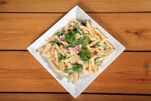 fresh pasta rigatoni with bacon and mint