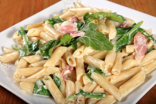 fresh pasta rigatoni with bacon and mint