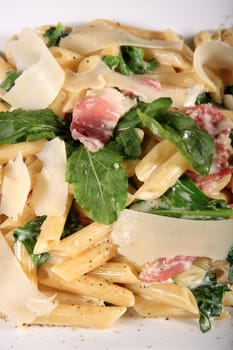 fresh pasta rigatoni with bacon and mint