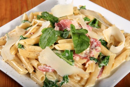 fresh pasta rigatoni with bacon and mint