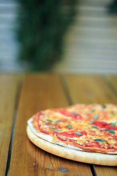 fresh pizza margarita on a wooden plate selective focus