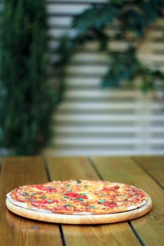 fresh pizza margarita on a wooden plate selective focus