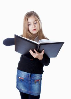 school girl standing with blank book in hands isolated on white