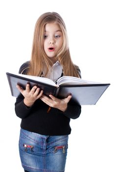 school girl standing with blank book in hands isolated