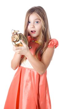 girl with alarm clock in his hands late scare