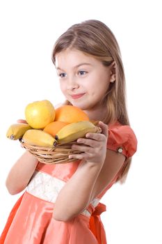 Happy little girl with fruit isolated