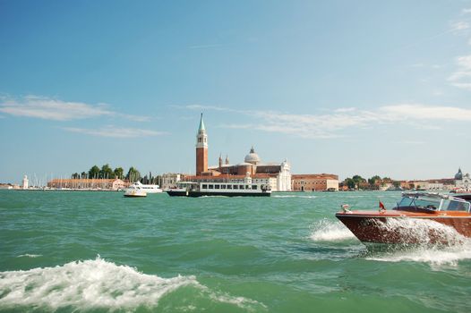 Motorboat in front of San Giorgio Church in Venice, Italy