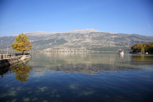 reflection of a tree to the water of the lake in a beautiful place in greece