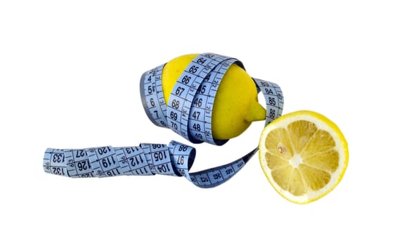 Yellow lemon wrap in blue centimeter measurement tool and cut piece of fruit isolated on white background.