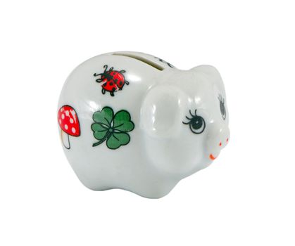 small white decorative piggy bank piggybank isolated on white background.