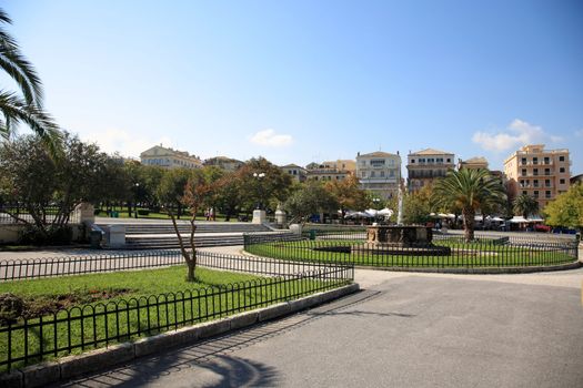 beautiful park with fountain in the town of corfu,greece