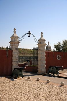 entrance with two canons of a museum fort in corfu,greece