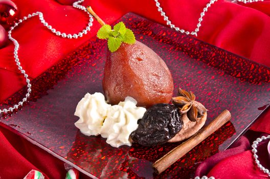 pear helene in red wine with spices