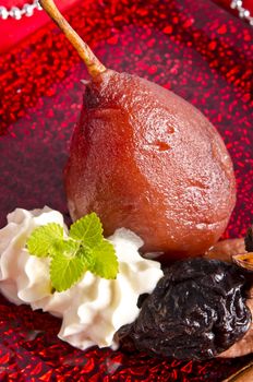 pear helene in red wine with spices