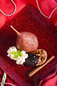 pear helene in red wine with spices