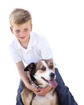 Handsome Young Boy Playing with His Dog Isolated on a White Background.