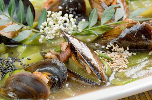 mussels with vegetable and nut.Chinese style