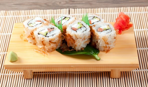 Japanese sushi  traditional japanese food.Roll made of Smoked fish