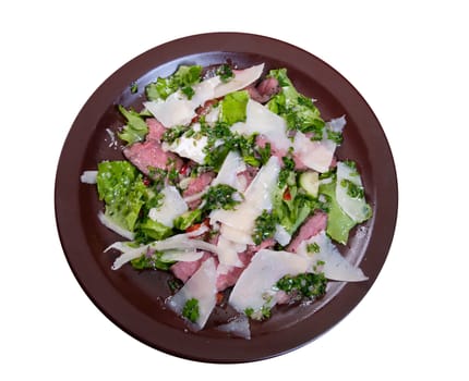 vegetable salad from cheese and ham,spanish kitchen.isolated on white background.