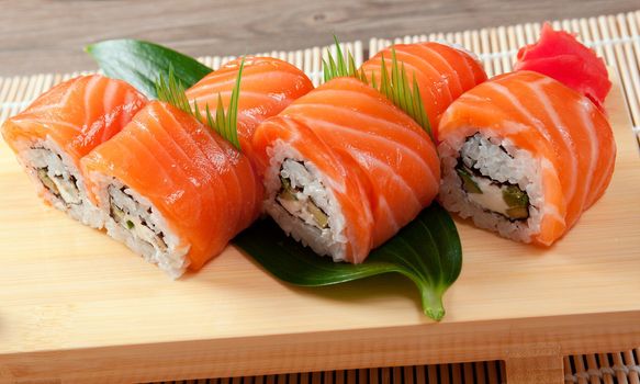 Japanese sushi  traditional japanese food.Roll made of salmon