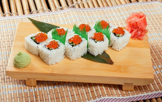 Japanese sushi .Roll made of Smoked fish and red roe