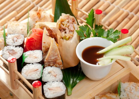 Assorted sushi Japanese food. traditional japanese food.Roll made of Smoked fish