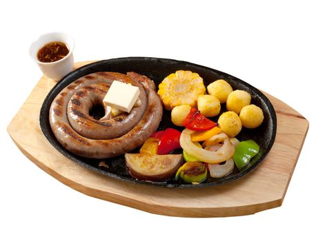 Japanese cuisine .Sausage making roasted with vegetable