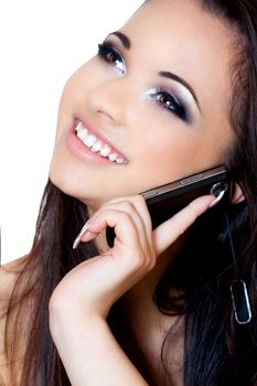 a close up portrait of a brunette beautiful girl talking on the phone