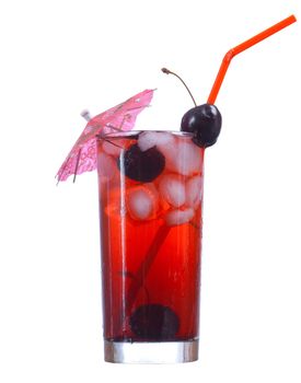 cocktail  with cherry closeup isolated on white background.