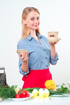 portrait beautiful woman cooking vegetables, healthy lifestyle