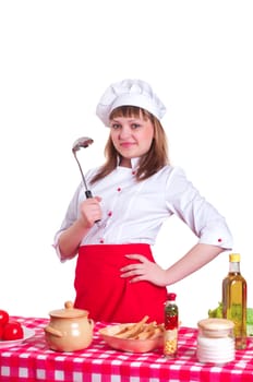 attractive woman making a meal, white background