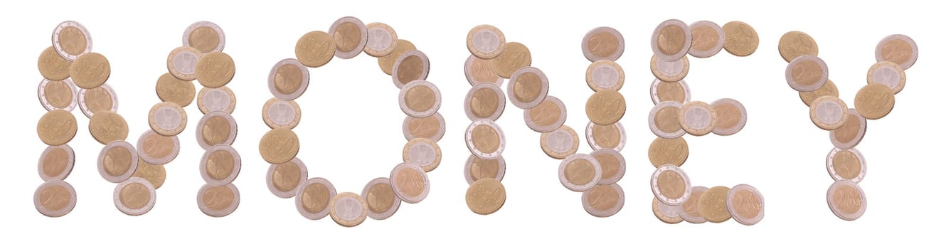 money - written with coins on white background